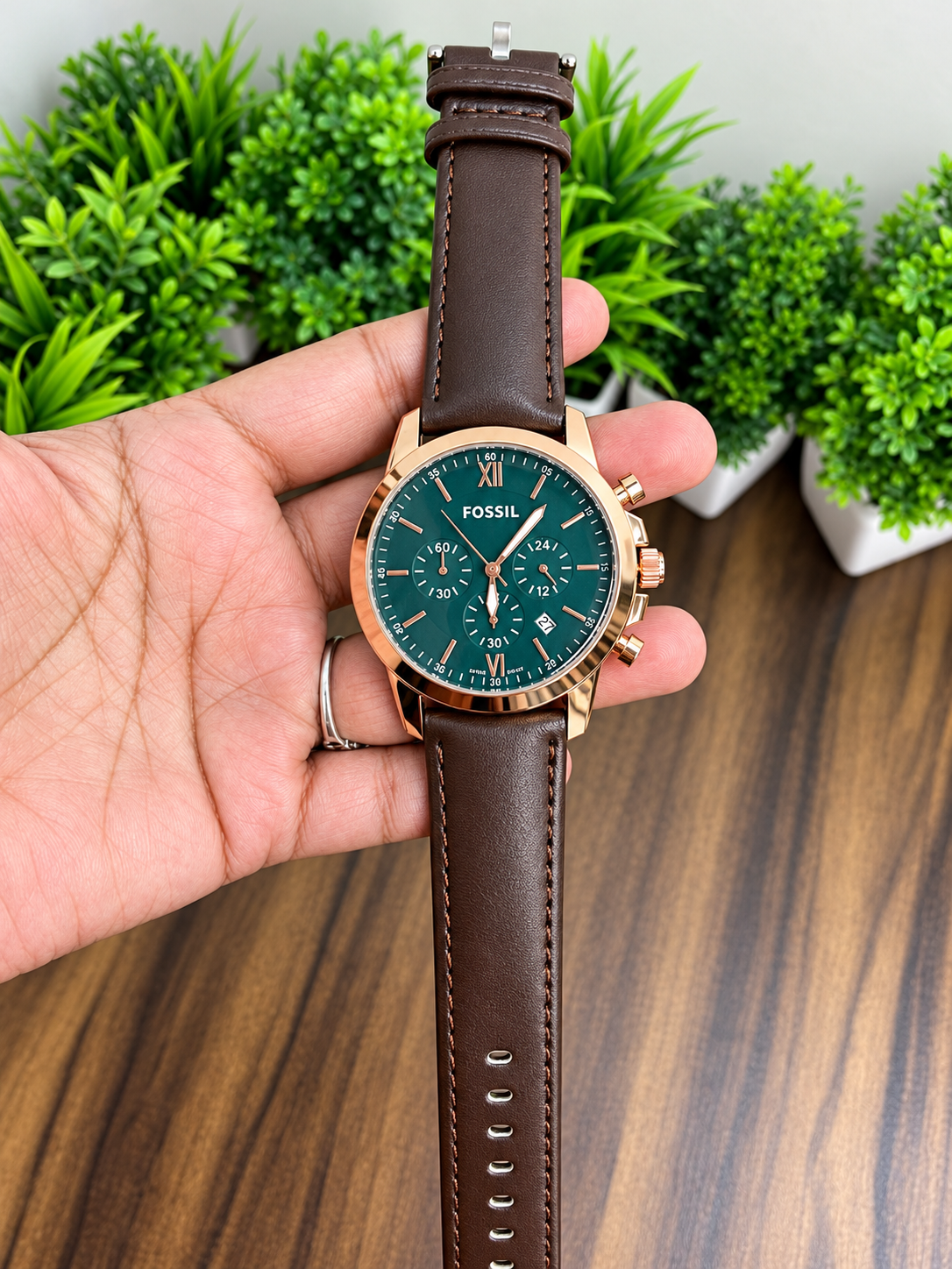 Fossil Brown Leather With Green Dial